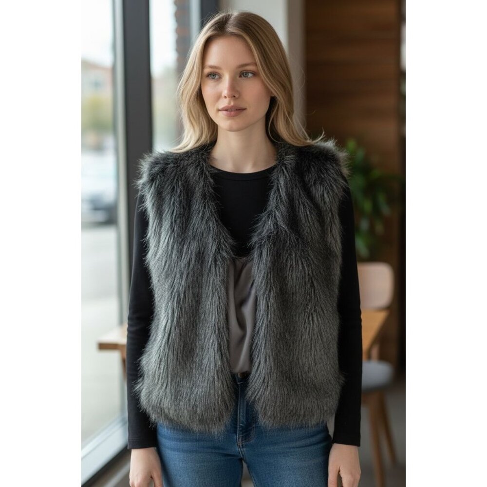 NEW SPIEGEL Womens Luxurious Charcoal Gray Faux Fur Chic Vest Elegant Winter
